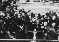 President Lincoln delivering his inaugural address on the east portico of the U.S. Capitol, March 4, 1865.